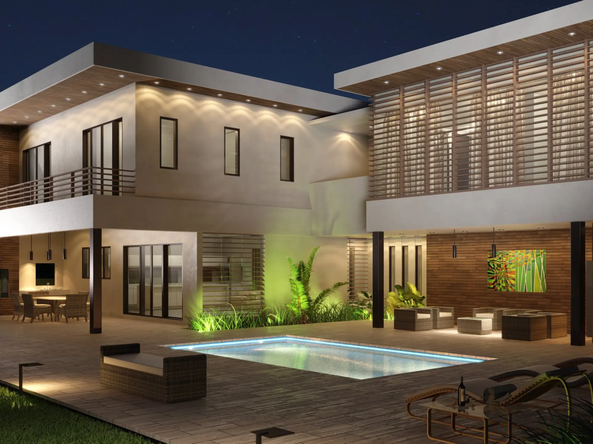 A large modern house with pool and patio area.